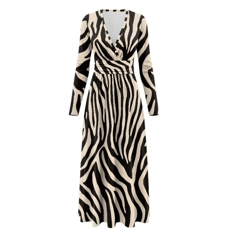 Fkelyi Zebra Print Womens Long Sleeve Fall Dress V Neck Maxi Casual Dress with Pockets Soft A-Line Flowy Tiered Waist Dresses for Ladies, S, Women's,