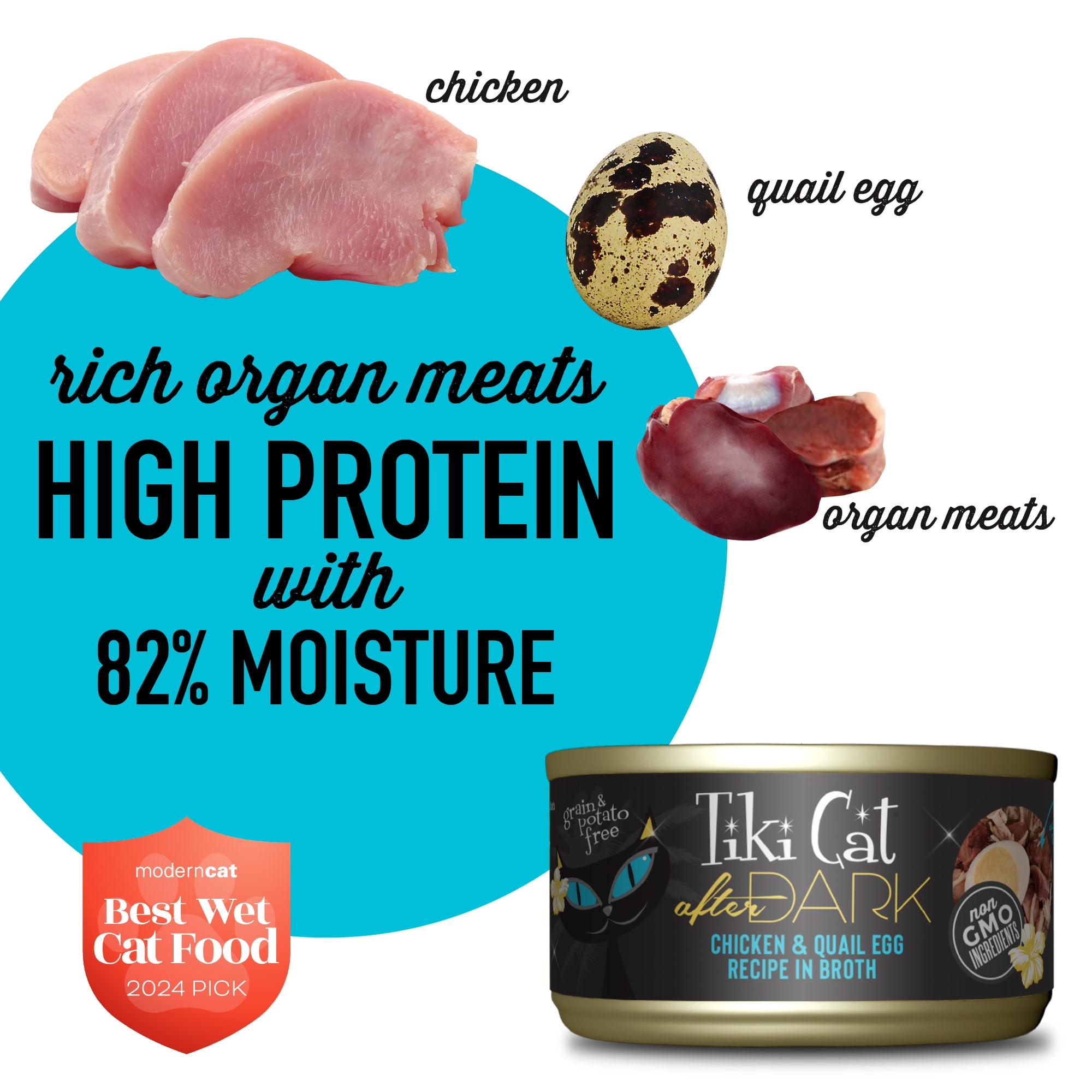 (24 pack) Tiki Cat After Dark Whole Foods Wet Cat Food, Chicken & Quail Egg, 2.8 oz. Can