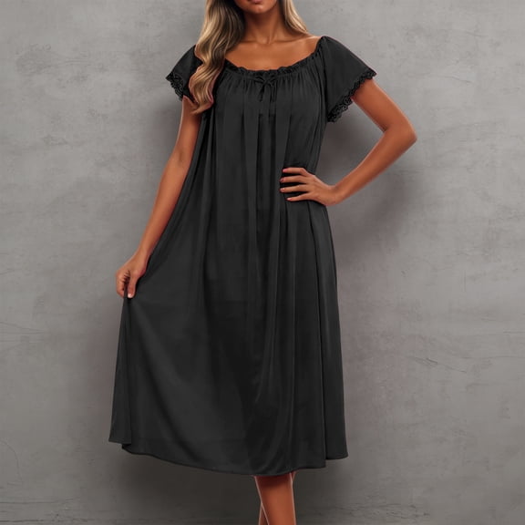 Women's Sleepwear Ice Silk Nightdress|Cool Short Sleeve Sleepwear with Lace Sleeves|Midi Length Loose Fit Nightgown for Summer|Skin-Friendly & Breathable Home Dress(Black)