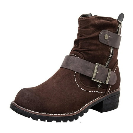 KBKYBUYZ Women Boots Winter Buckle Strap Chunky Heels Slip On Retro Ladies Footwear Shoes