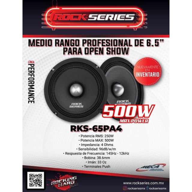 Medio Rango Open Show Rock Series RKS-65PA4 500 Watts 6.5 Pulgadas 4 Ohms Performance Series (Venta Rock Series RKS65PA4