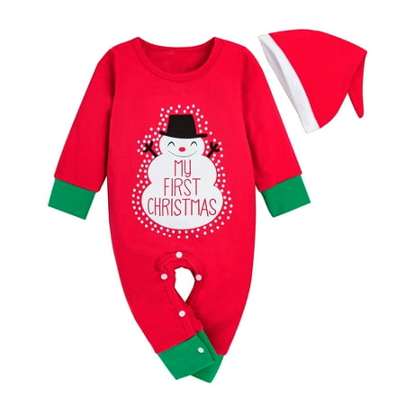 

Baby Girl Boy Outfit Girls Boys Christmas Snowman Letter Romper Jumpsuit Hat Clothes Xmas Set Outfits For 0-3 Months