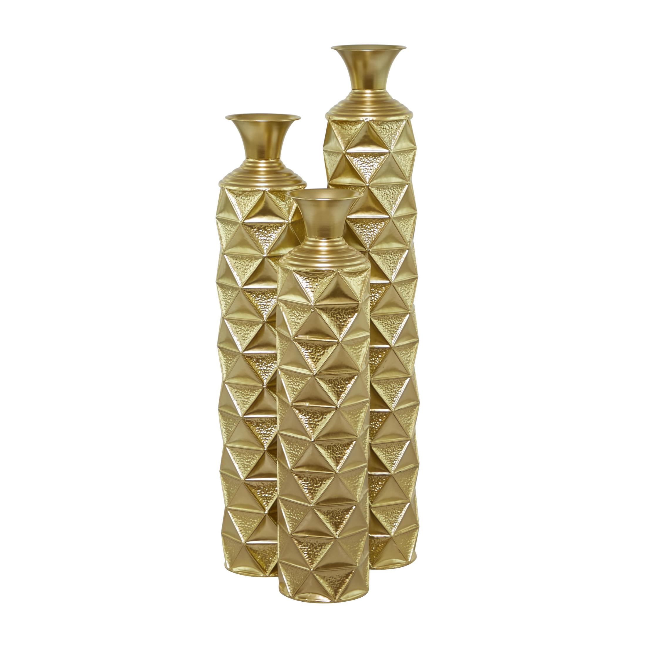 DecMode 34", 29", 25"H Geometric Tall Distressed Metallic Gold Metal Vase with 3D Triangle Patterns, Set of 3