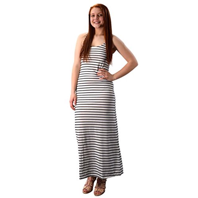 Peach Couture Racerback Summer Maxi Dress Striped Solid Sundress (Large, Striped White)