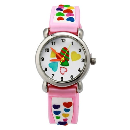 3D Cute Cartoon Quartz Watch Wristwatches with Silicone band Time Teacher for Little Girls Boy Kids Children Gift (Little Hearts Pink), 3D.., By