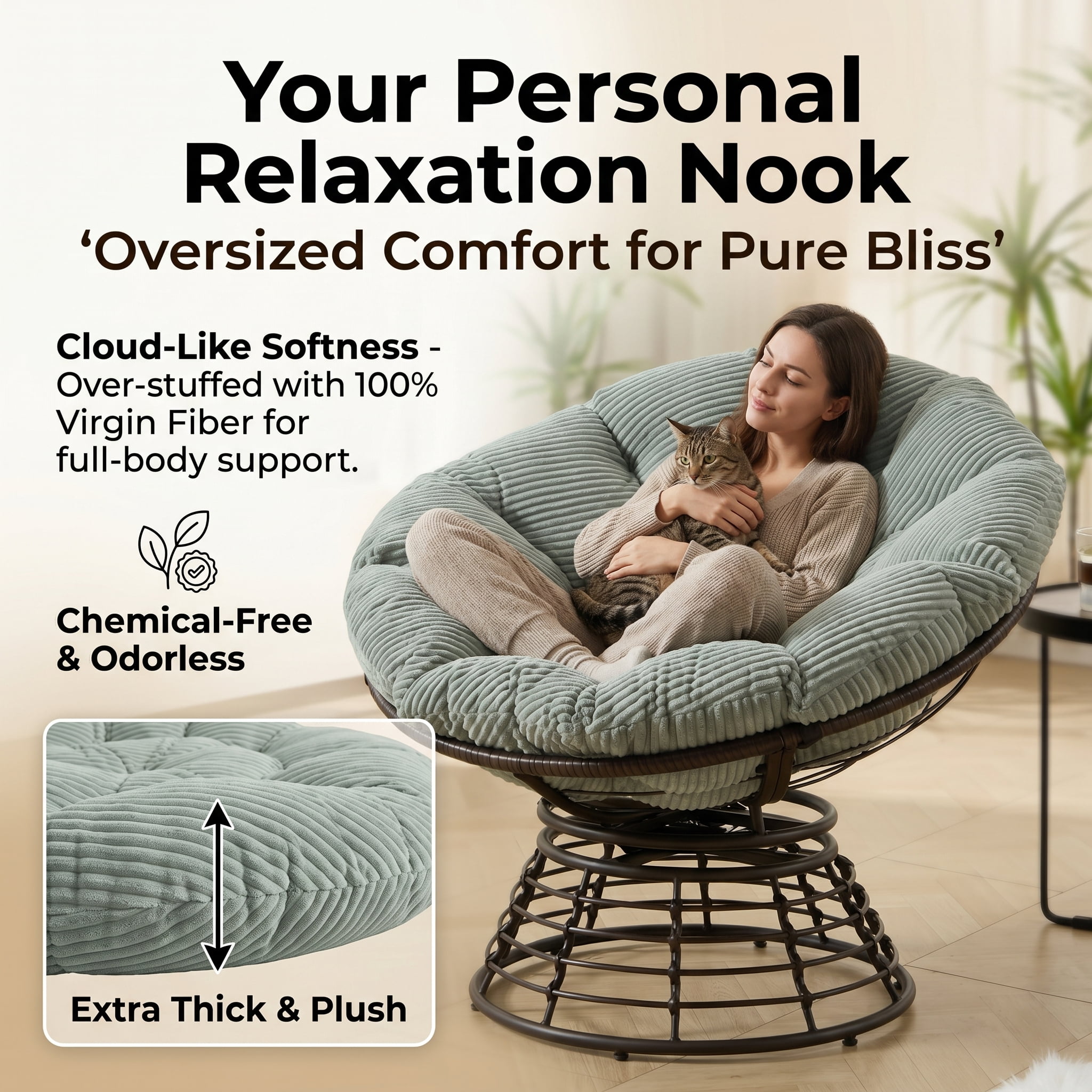 360° Swivel Wicker Papasan Chair with Ergonomic Over-Stuffed Cushion, Modern Rattan Saucer Chair for Living Room & Bedroom