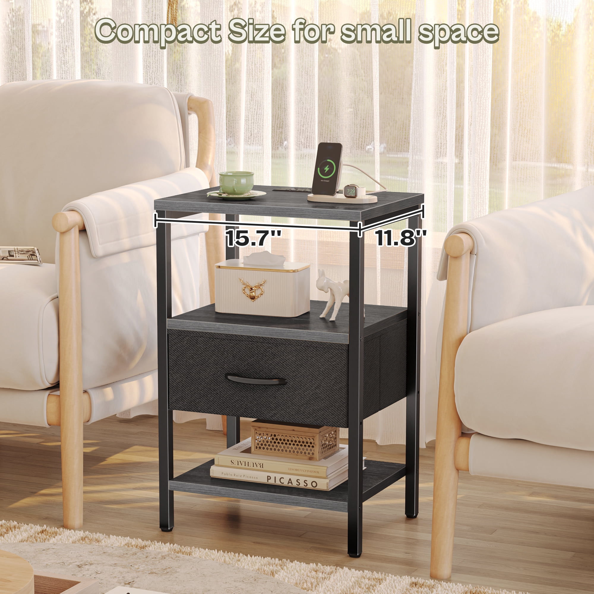 Nightstand with Charging Station, Adjustable Fabric Drawer, 3-Tier Bed Side Table, Night Stand for Bedroom, Storage End Table,Charcoal Gray