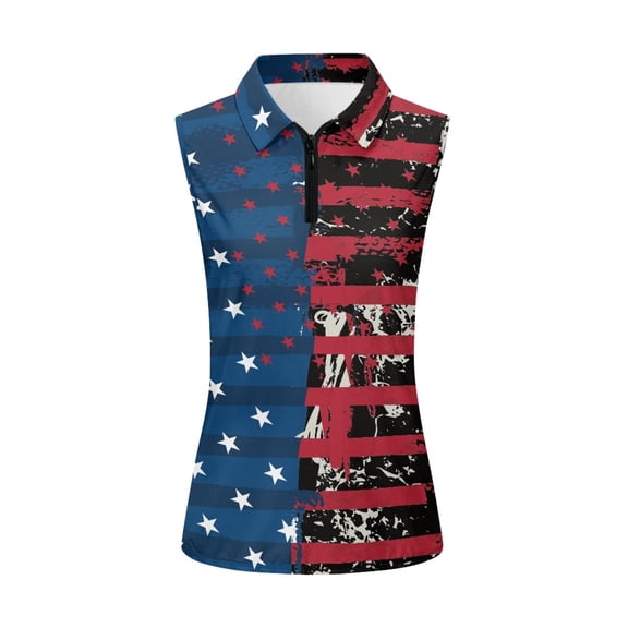 HUIACONG Distressed Flag Print Half Zip Neck Collar Ladies Golf Shirt, Sleeveless Fashion Versatile Sleeveless Golf Shirts for Tennis Outdoor Sports Running