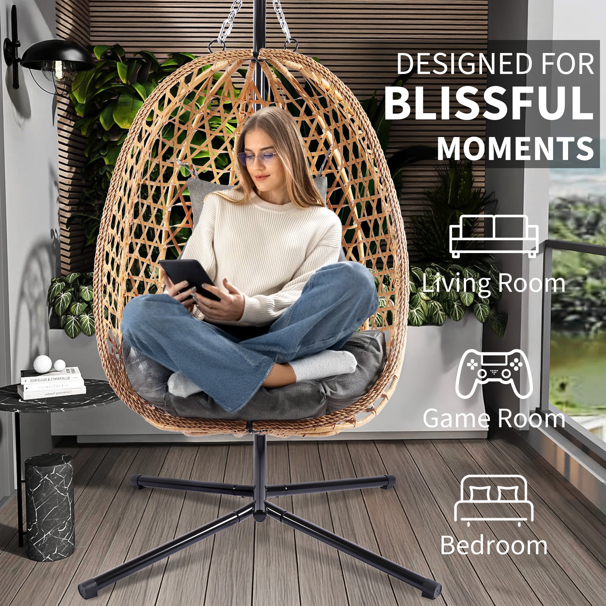 Egg Chair with Stand, Patio Wicker LHBcraft Hanging Chair, Hammock Swing Chair, 350LBS Capacity for Bedroom, Balcony, Garden
