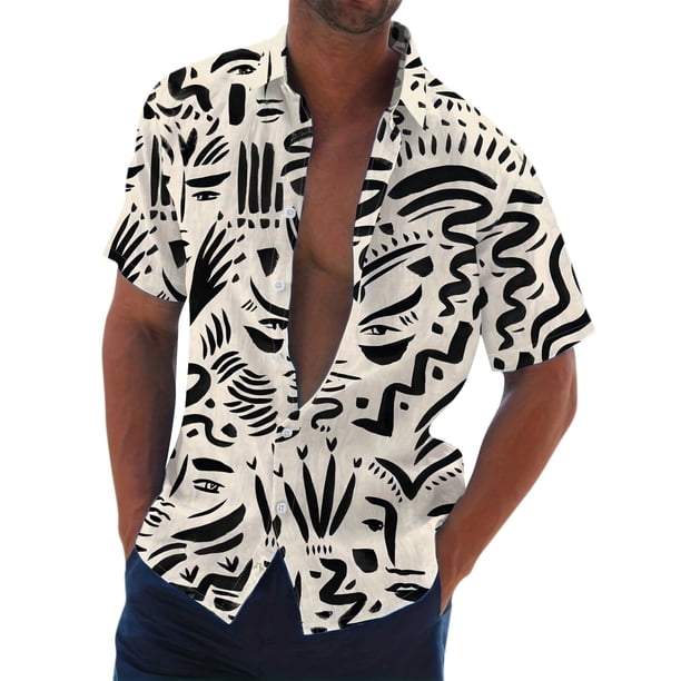 Men's Summer New Loose Print Short Sleeve Shirt Cardigan Beach Shirt XL
