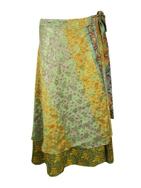 Mogul Women Yellow,Green Vintage Wrap Skirt Beach Wear Reversible 2 Layer Floral Print Cover Up Sarong Dress