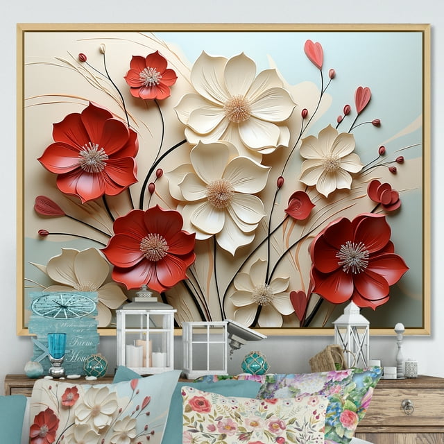 Designart art Mural Encadré avec Fleurs, art Mural Encadré avec Fleurs, Double Étreinte de Fleurs Cramoisies Rouges et Blanches, Très Grand art Mural Encadré Naturel, Cadre Couleur Brun Naturel 20x12 Pouces
