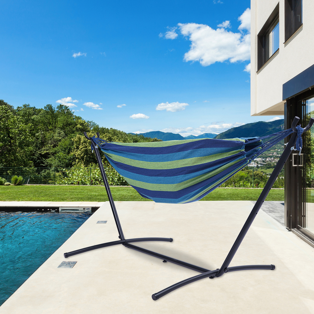 Double Hammock with Stand, 2 Person Heavy Duty Hammock, 112" Large Size Cotton Classic Hammock