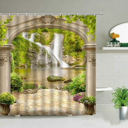 Window Outside Forest Bridge Spring Landscape Creativity Shower Curtain Zen Stone Tree Building Scenery Cloth Curtains With Hook