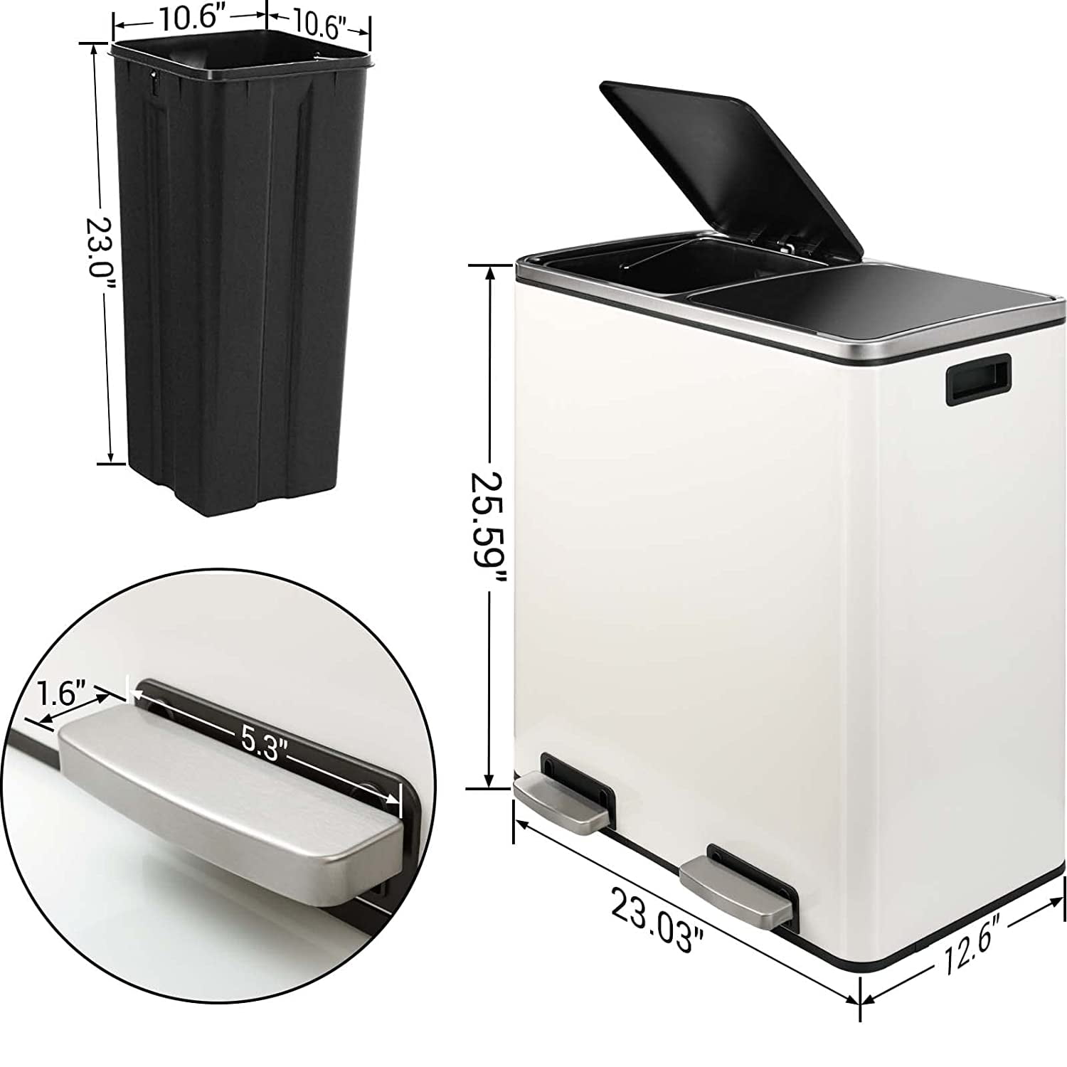 Pirecart 13.2 Gallon Step Trash Can Kitchen Garbage Can Stainless Steel, White