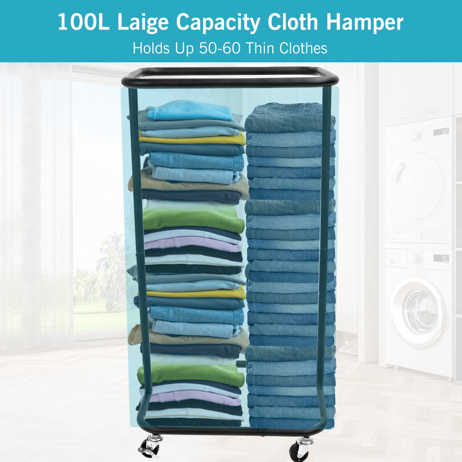 Crtynell Laundry Hamper with 4 Wheels,100L Rolling Laundry Basket,600D Oxford Fabric Round Laundry Cart,Steel Frame and Removable Laundry Bag