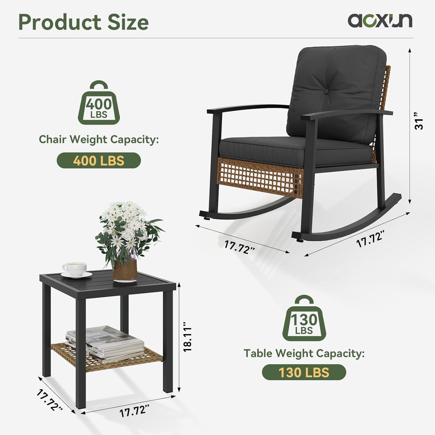 Aoxun 3-Piece Outdoor Rocking Bistro Set, Patio Furniture Set with Coffee Table and Thick Cushions, Wicker Rocking Chairs Set of 2 for Garden, Balcony, Backyard, Poolside (Black)