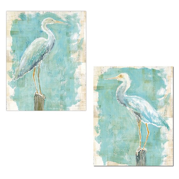 Teal and Off-White Coastal Egret Bird Adult Coastal Decor; 2 - 11" x 14" Unframed Posters