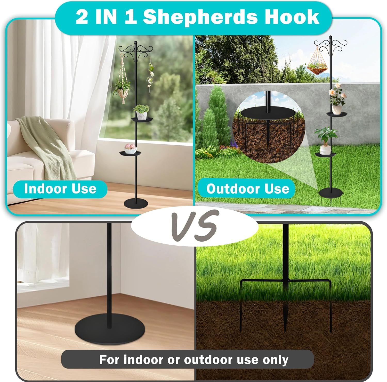 76" Thicken Shepherds Hooks for Outdoor - Double Shepherd Hooks for Outside with 2 Stands, Bird Feeder Pole with a Flat Base for Deck, Plant Stand Indoor, Wreath and Wind Chimes Hanger