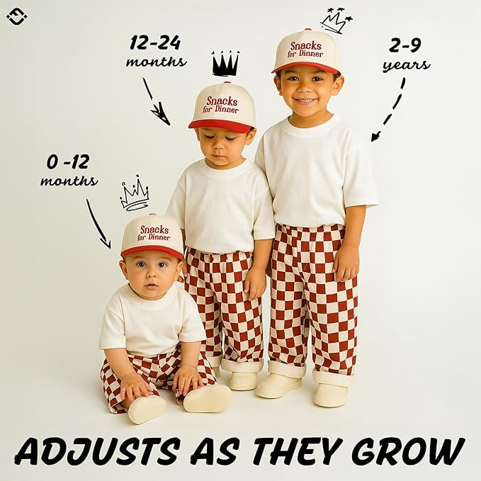 Funky Junque Kids Trucker Hat Baseball Cap - Two Tone Vintage Baby Baseball Cap, Infant Baseball Hat, Toddler Snapback Hat - Snacks for Dinner - Red/Beige