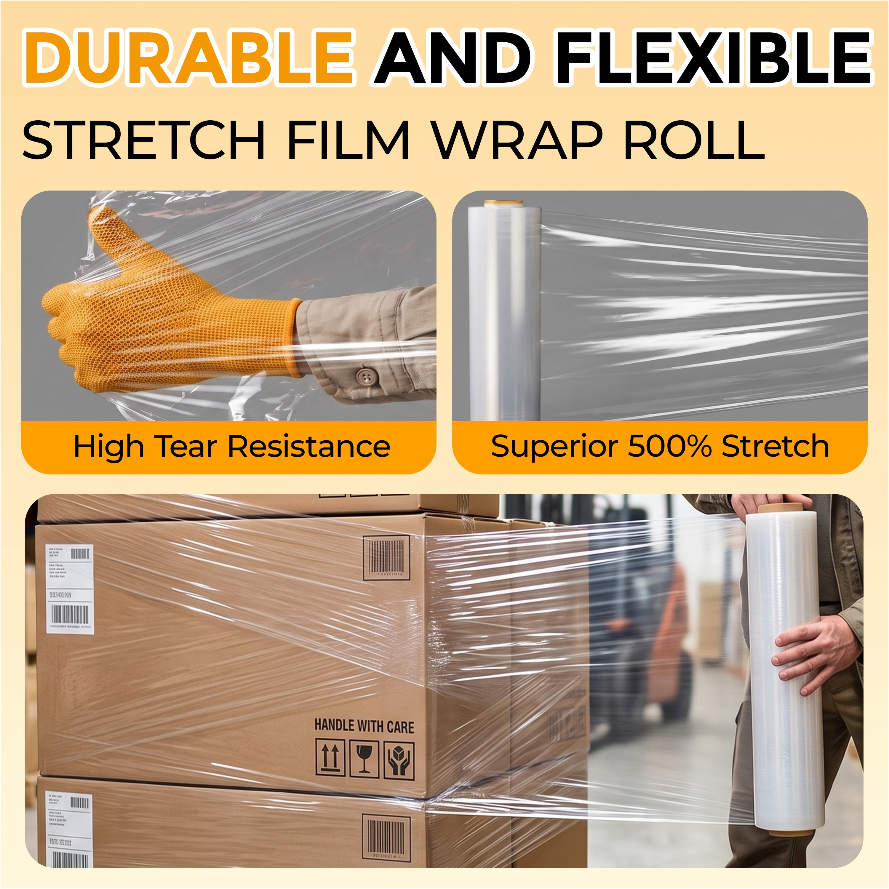 Stretch Wrap Film Roll 1000 FT 15 Inch Wide, Industrial Strength Plastic Wrap and Pallet Wrap with Handles for Moving Shipping, 80 Gauge 8-Pack