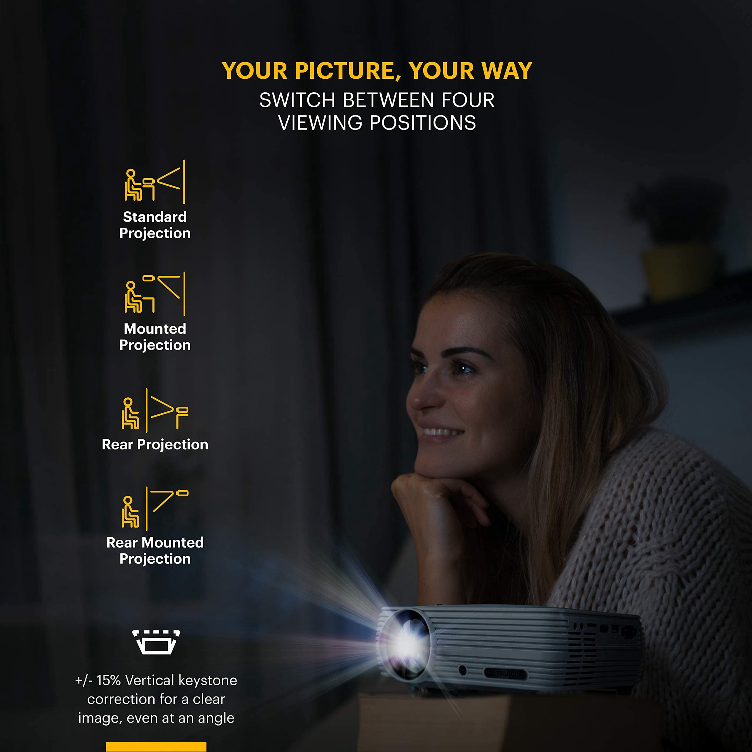 Kodak Flik X7 Home Projector, 1080p Support, Portable 4.0 LED Projector with Tripod & Case