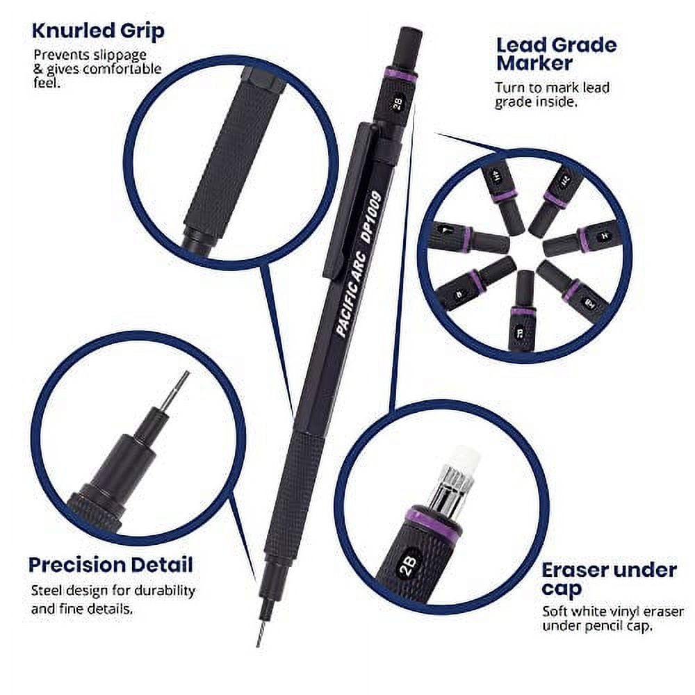 Pacific Arc - Chromograph Metal Mechanical Pencil .9 mm Silver Barrel Mechanical Pencil with Built In Adjustable Pencil Grade, Lead Pencil Holder for Drafting, Sketching, and Drawing