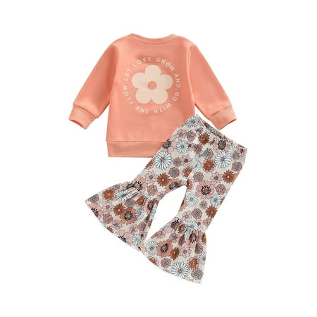 

Qtinghua Toddler Baby Girls Outfits Long Sleeve Sweatshirt Pullover Tops Floral Bell Bottom Flared Pants Clothes Orange Pink 2-3 Years