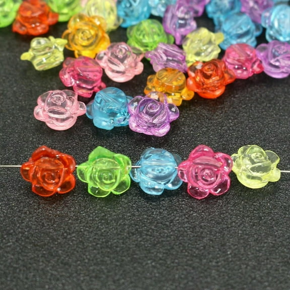 U8MO 100 Mixed Colour Transparent Acrylic Flatback Rose Flower Charm Beads 10mm