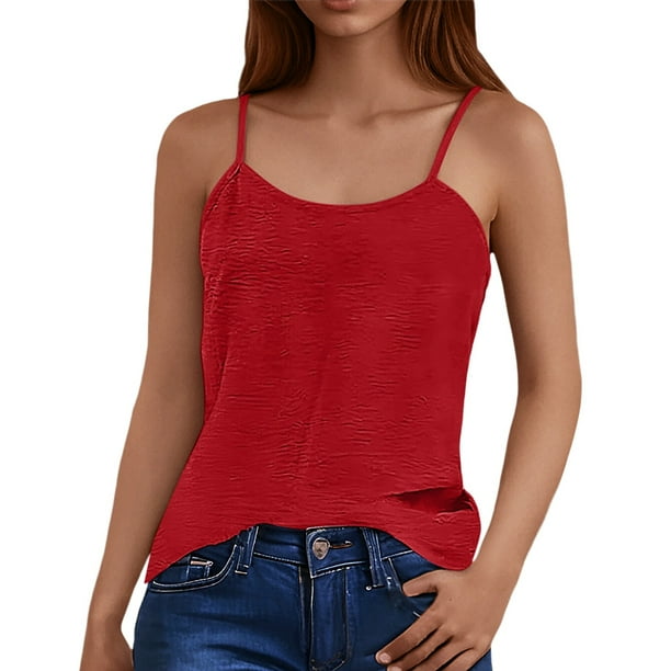 Top sin tirantes holgado con tirantes de seda helada de color liso y espalda arrugada para mujer - Poliéster suave, transpirable y ligero, tallas S-XXL, perfecto para primavera/verano