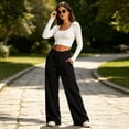 thumbnail image 6 of Womens Wide Leg Sweatpants Baggy Drawstring High Waisted Joggers Oversized Lounge Pants Open Bottom Trousers with Pockets Black L, 6 of 7