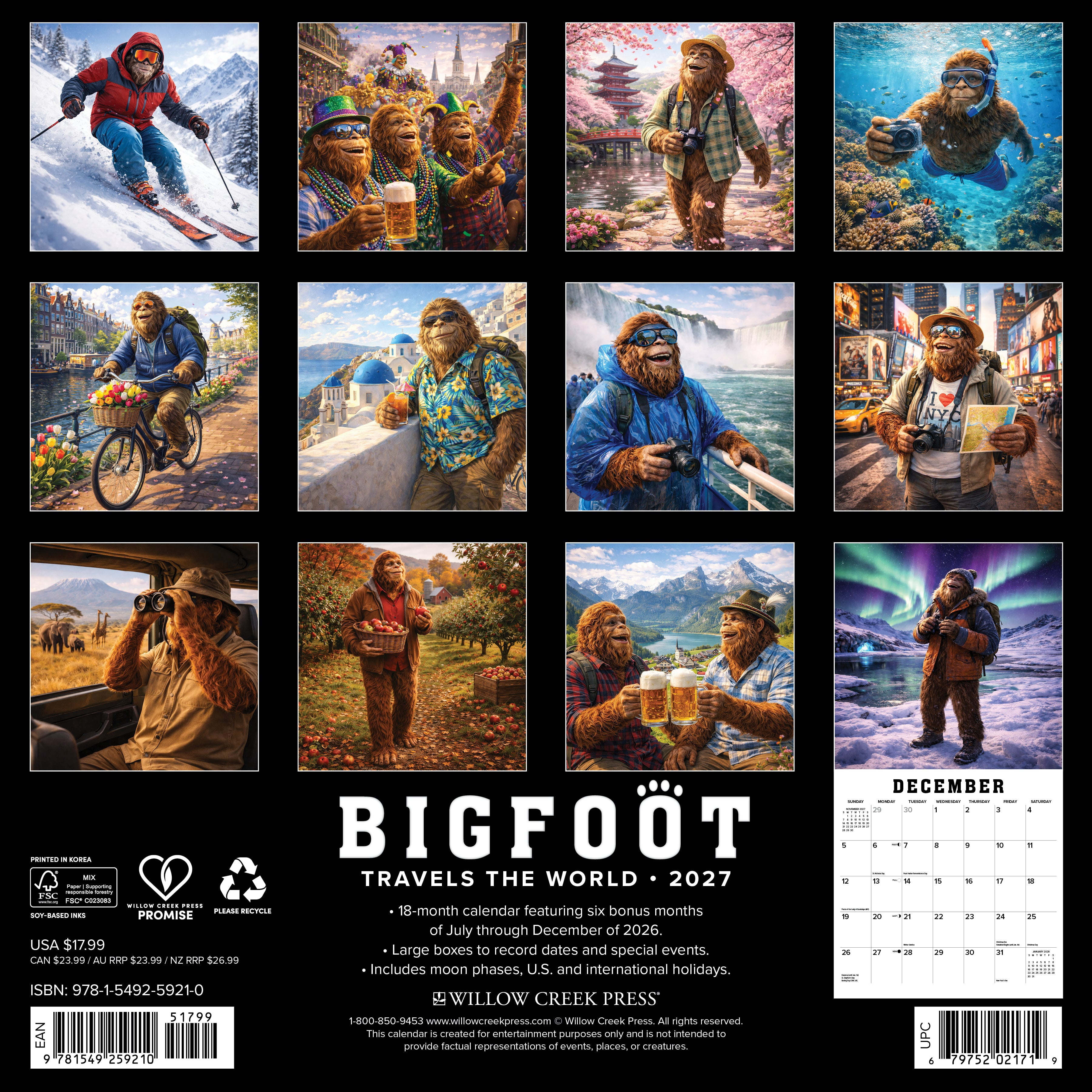 Willow Creek Press, Bigfoot Travels the World 2027 Wall Calendar