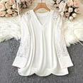 thumbnail image 6 of Fashion Oversize Blouses For Women Casual Solid Large Hollow Out Lace Splice Long Sleeve V-neck Beach Vacation Workout White 4XL, 6 of 7