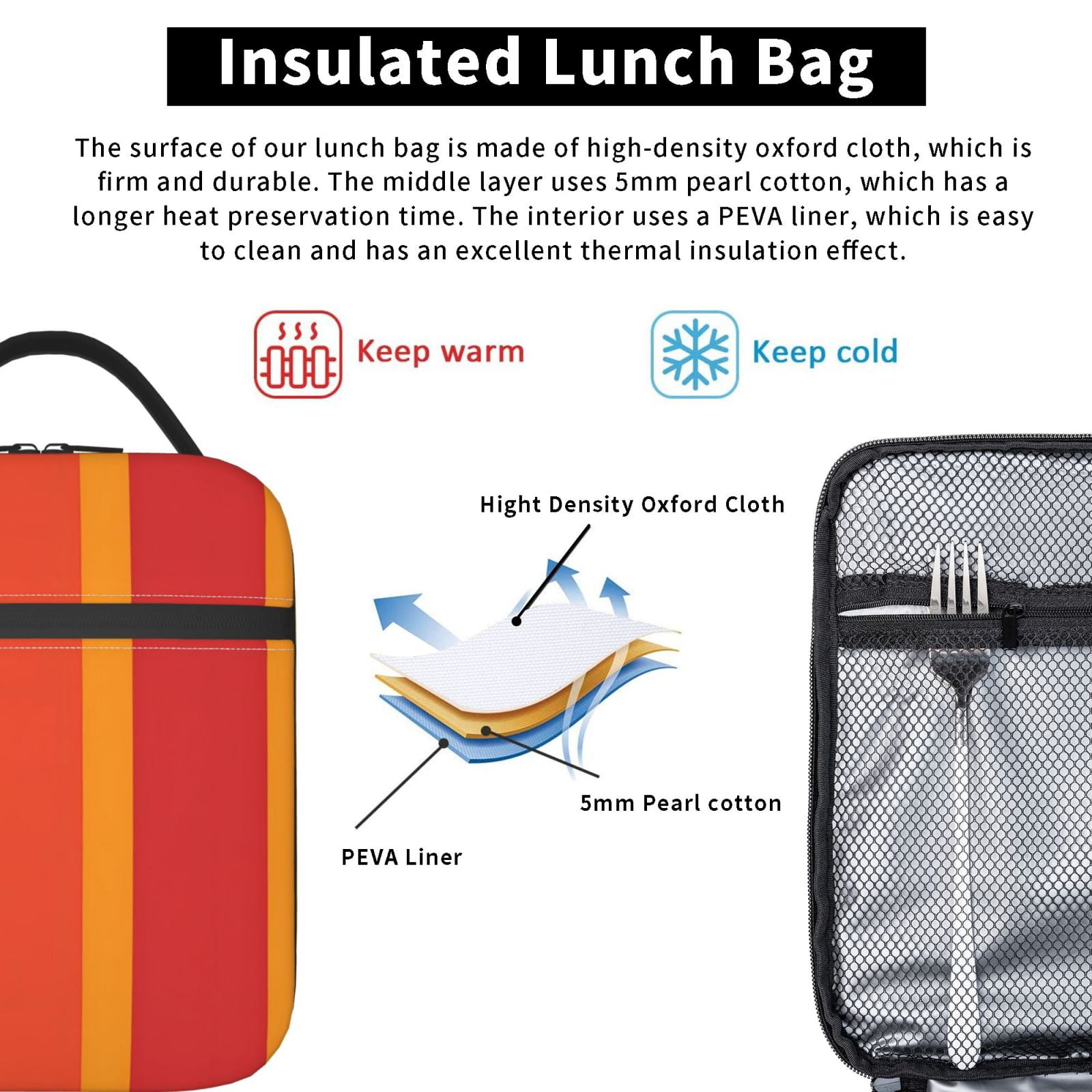 Lunch Bag For Women Men Insulated Portable Lunch Box Bento Box Office Picnic Travel Cooler Bag Orangered Stripe_2