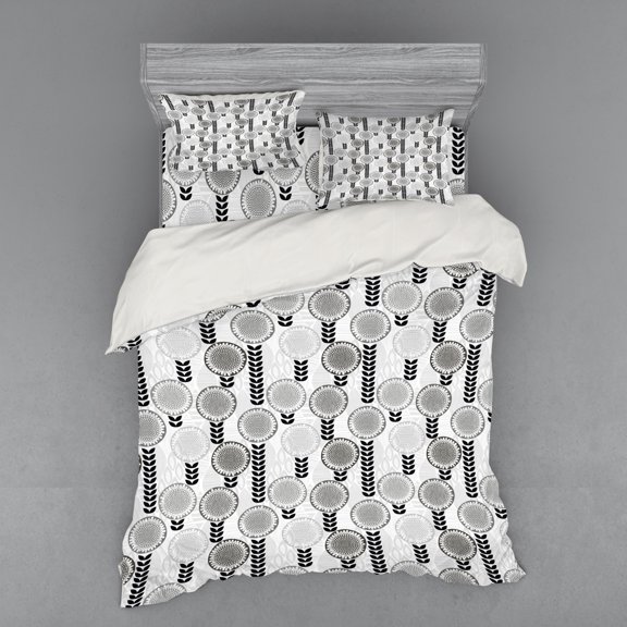 Ambesonne Flower Bedding Set 4 Pcs, Greyscale Spring Bloom, Queen, Grey Pale Grey Black