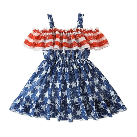 

Summer Dresses For Girls Toddler Sleeveless Independence Day Stars Striped Printed 4Th Of July Kids Ruffles Princess Formal Dress