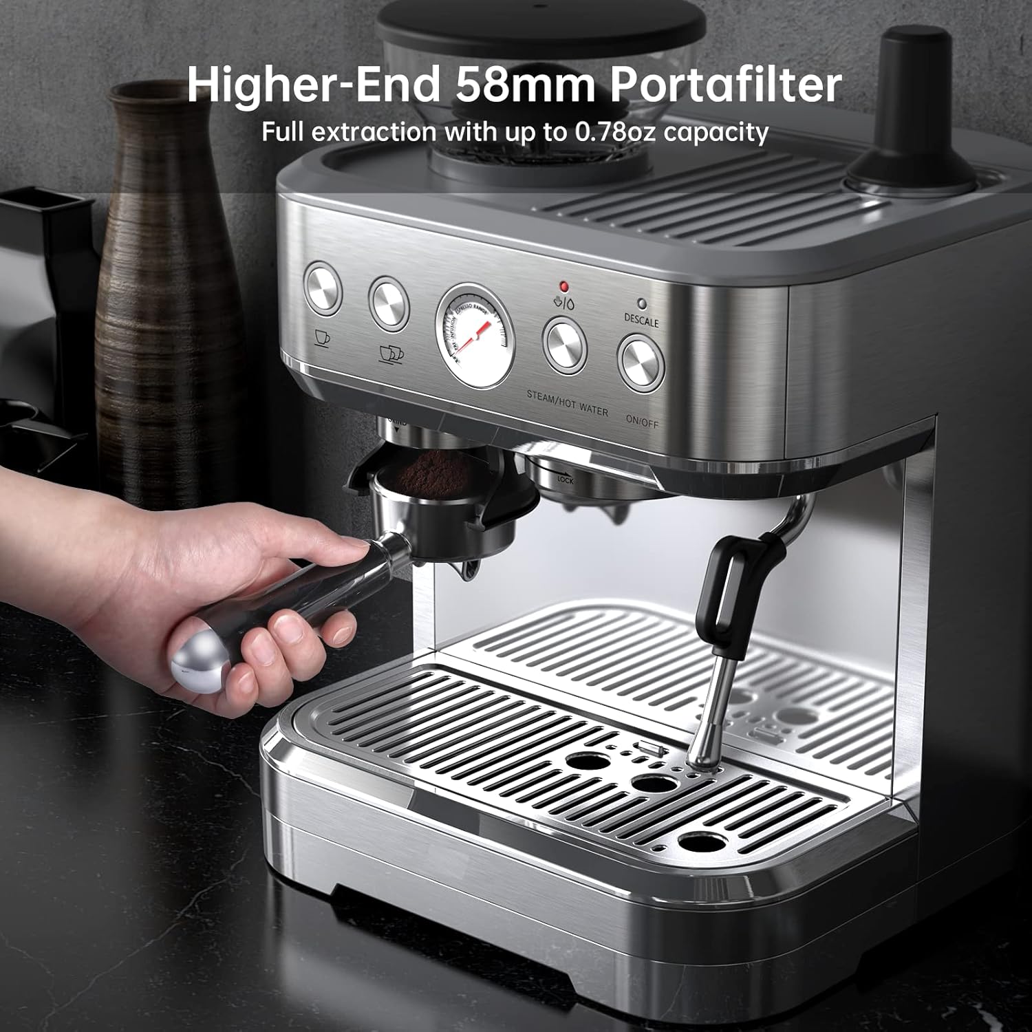 Espresso Machine, Stainless Steel Espresso Machine with Milk Frother and Grinder for Home Office Maker 2.5L Water Tank, 15 Bar, Silver