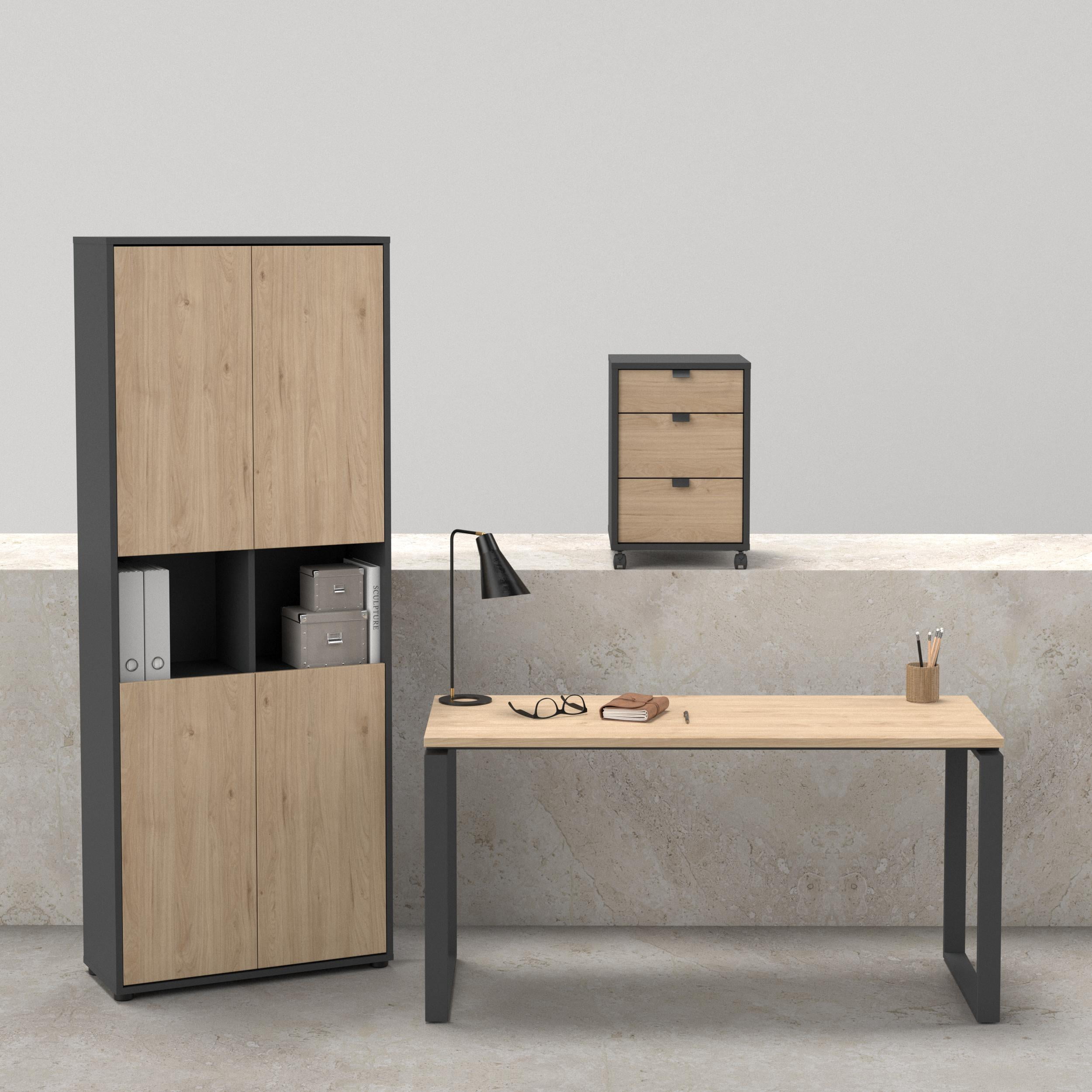 Tvilum Sign 3-Piece Home Office Set with Desk, Large Storage Cabinet and Mobile Storage, Matte Grey and Jackson Hickory