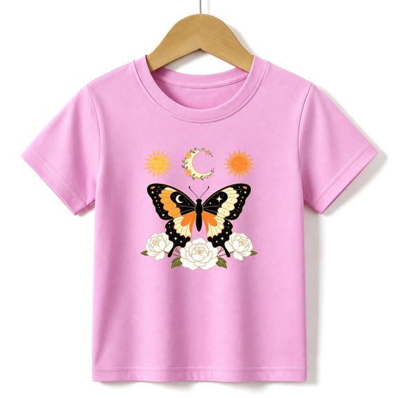 Girls Graphic Tees Butterfly Sun Moon Kids T Shirt Vintage 100% Cotton Short Sleeve Soft Tops 4-13Y Pink