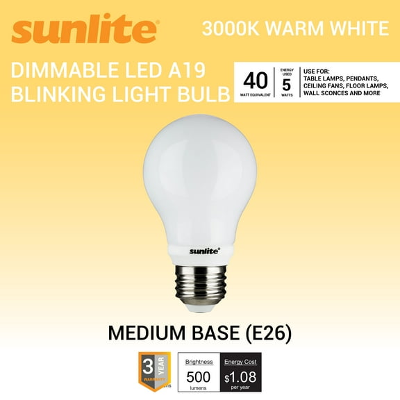 Sunlite LED A19 Blinking Light Bulb, 5 Watts (40W Equivalent), Medium E26 Base, Non-Dimmable,3000K Warm White, Frost Finish, 1 Pack