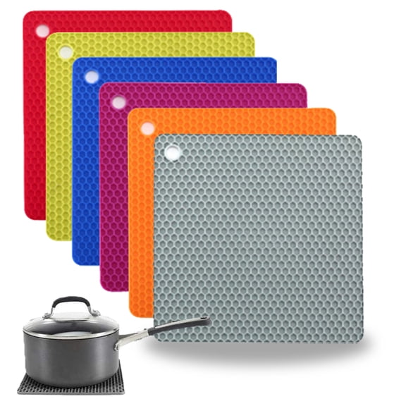 Manunclaims Square Silicone Trivet for Hot Pots Pans Place Mat Countertop Mats Dinner Drying Pad Jar Opener and Spoon Rests, Non Slip, Flexible, Durable, Dishwasher Safe Heat Resistant Multi Colors