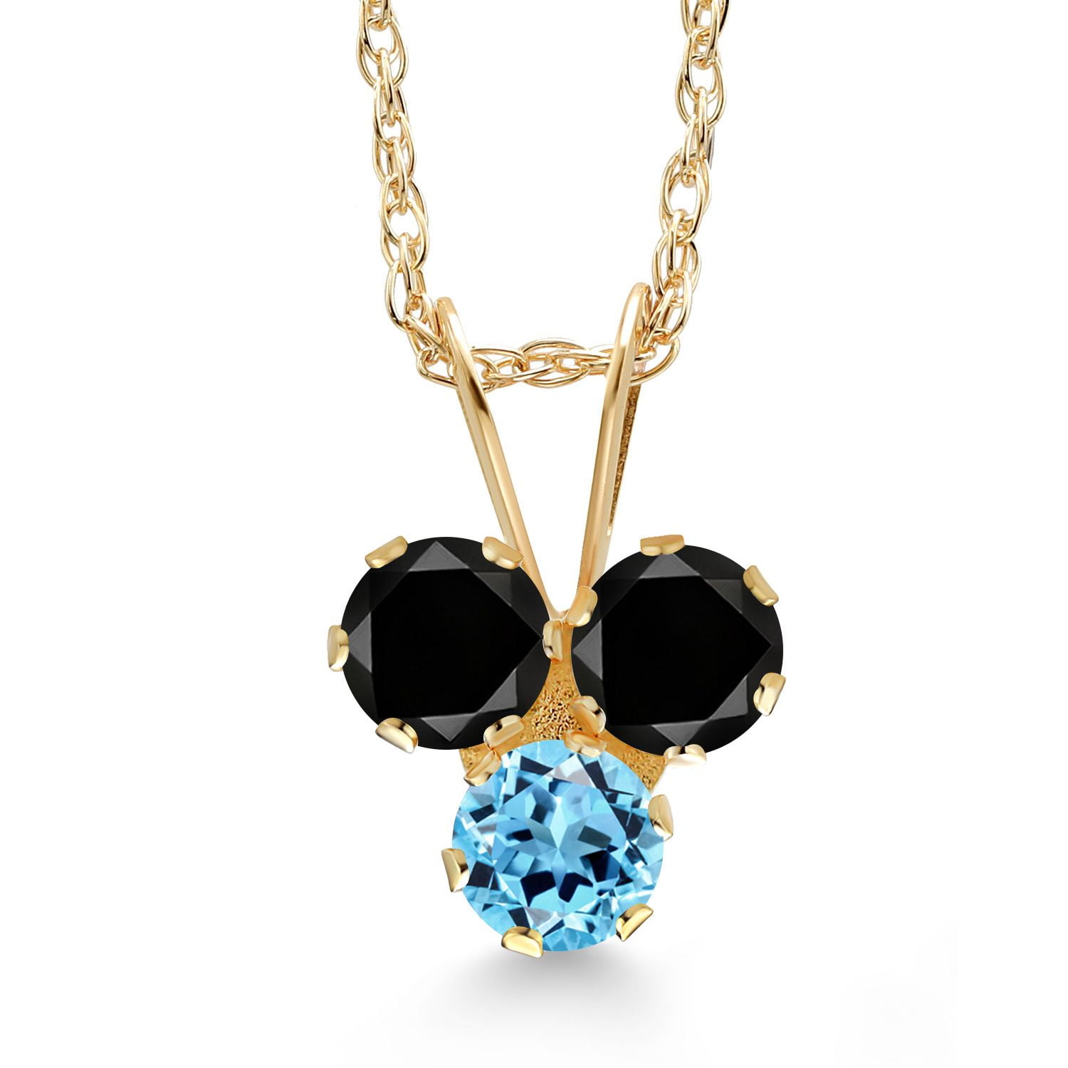 Gem Stone King 14K Yellow Gold Black Diamond and Swiss Blue Topaz 3-Stone Pendant Necklace for Women (0.35 Cttw, Gemstone April Birthstone, Round 3MM, 18 inch Chain)