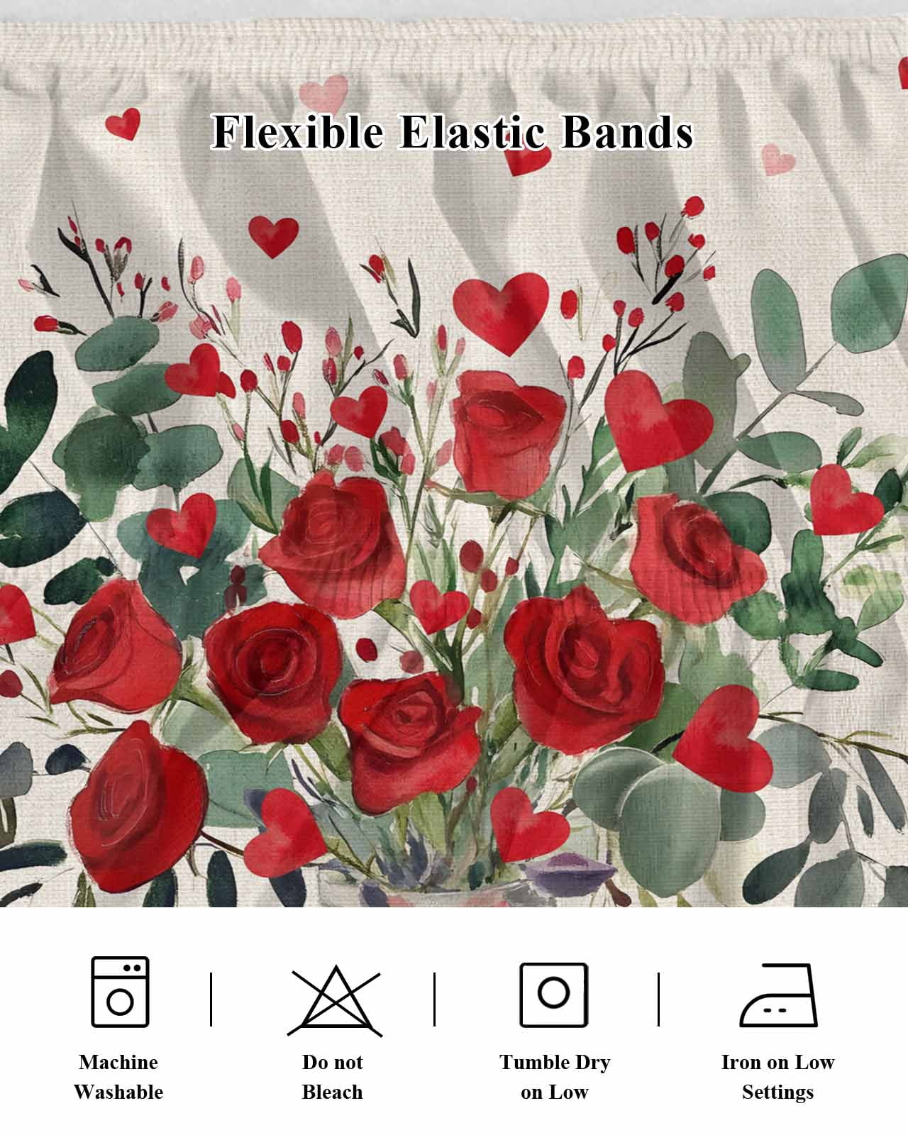 Red Rose Bed Skirt Queen Size 18 Inch Drop, Eucalyptus Leaf Floral Linen Texture Adjustable Elastic Dust Ruffles Bedskirt for Queen Bed Wrap Around Pleated Mattress Frame Cover