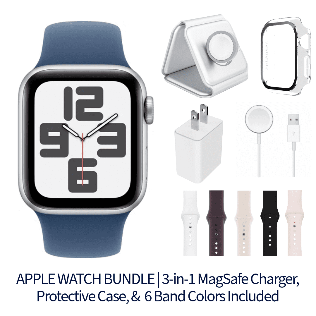 Restored Apple Watch SE 2nd Gen Bundle - 44mm Gps Silver Aluminum (2022) - 3-in-1 MagSafe Charger, Protective Case & 6 Bands Included (Refurbished)