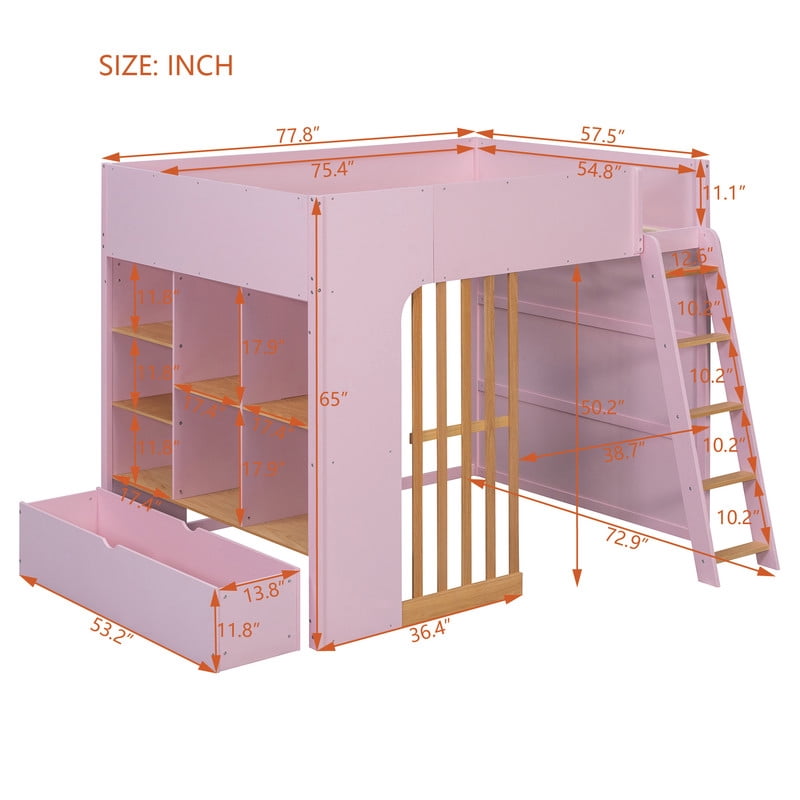 Full Size Kids Loft Bed with Shelves, Wooden High Profile Teens Storage Bed Frame with Ladder and Removable Large Drawer