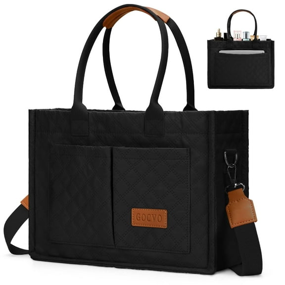 Gocvo Tote Bag for Women, Lightweight Puffer Bag with Diagonal Check, Quilted Tote Bag with Compartments for Travel, Work(Black)