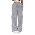 thumbnail image 2 of Costeam Womens Vertical Stitch Cargo Wide Leg Sweatpants Elastic Drawstring Waist Side Patch Cargo Pockets Soft Heather Knit Loose Straight Solid Color Casual Athletic Lounge Trousers, 2 of 6