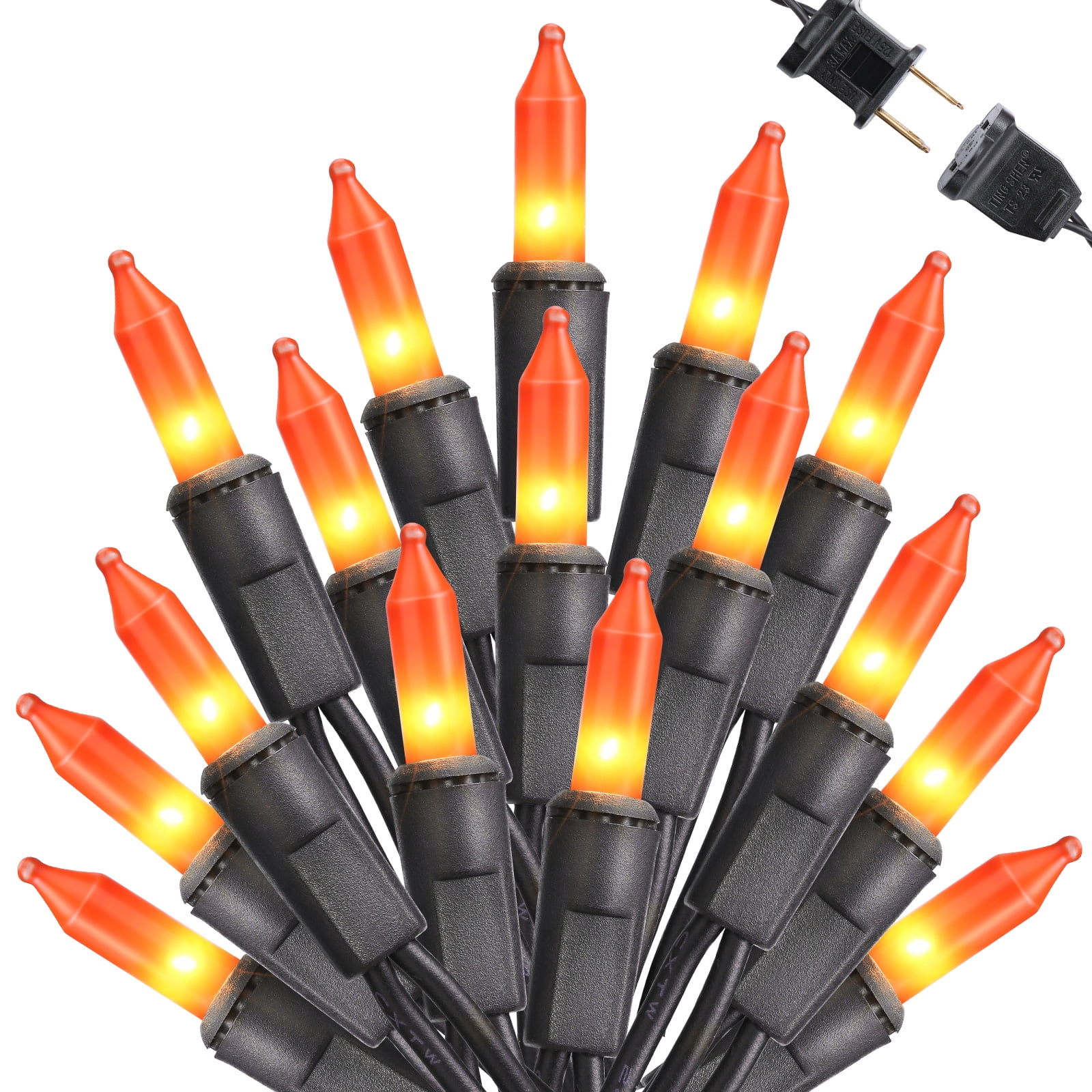100 CT Black Cord Light Set String Strand Halloween Miniature Orange Bulbs 
