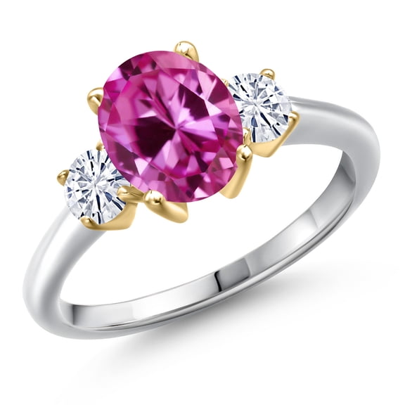 Gem Stone King 925 Silver and 10K Yellow Gold Pink Created Sapphire and White Moissanite Engagement Ring for Women | 1.46 Cttw | Oval 9X7MM | Gemstone September Birthstone | Size 9