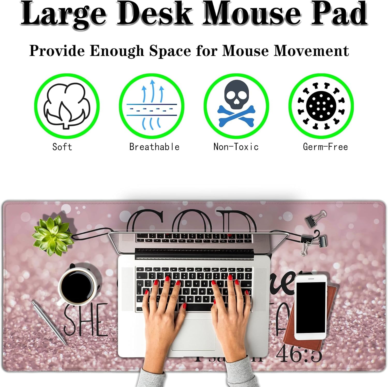 Gaming Mouse Pad Pink Desk Pad, XXL Mouse Pads Desk Decor for Girls Keyboard Pad, Oversized Mouse Pad Non-Slip Rubber Base, 35.4 X 15.7 in for Work/Game/Office She Will Not Fall- Bible Verse